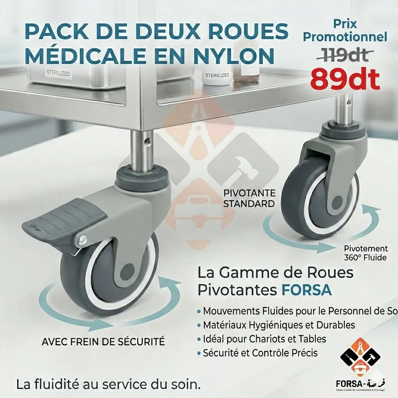 Pack 2 roues médicale en nylon
